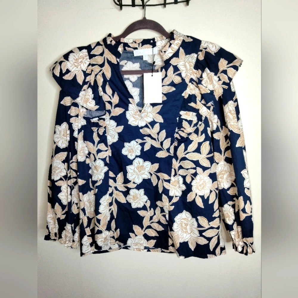 Sugarlips (Size M) Navy & Cream Floral Ruffle Trim Puff Sleeves Blouse (NEW-NWT)